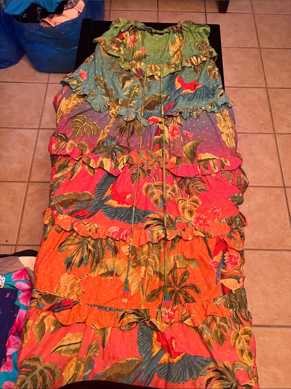 FARM Rio Tiered Maxi Skirt in Orange and Green Floral
